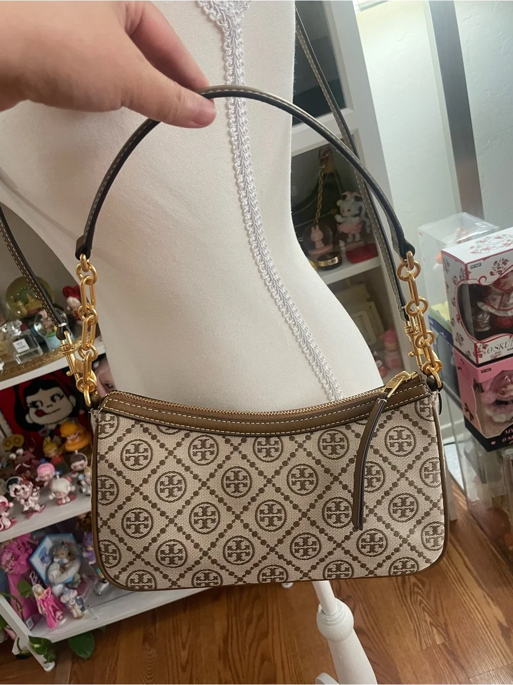 Tory Burch T Monogram Jacquard Shoulder Crossbody Bag Brown Gold